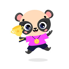 Cute cartoon flat doodle animals sport winners with gold medal and cup. Panda bear sport winner