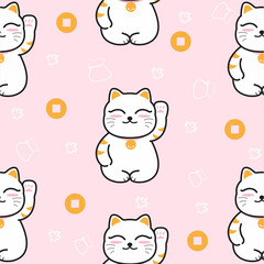 maneki neko seamless pattern, on pink background with copy space. cat of good luck with the paw  vector eps 10
