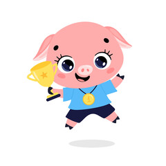 Cute cartoon flat doodle animals sport winners with gold medal and cup. Pig sport winner