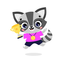 Obraz na płótnie Canvas Cute cartoon flat doodle animals sport winners with gold medal and cup. Raccoon sport winner