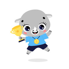 Cute cartoon flat doodle animals sport winners with gold medal and cup. Rhino sport winner