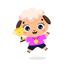 Cute cartoon flat doodle animals sport winners with gold medal and cup. Sheep sport winner