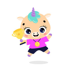 Cute cartoon flat doodle animals sport winners with gold medal and cup. Unicorn sport winner