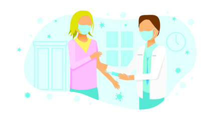 Abstract Flat Medic Woman Vaccinates Patient And They Are Both Wearing Masks Cartoon People Character Concept Illustration Vector Design Style Coronavirus COVID-19 Mass Vaccination Healthcare Epidemic