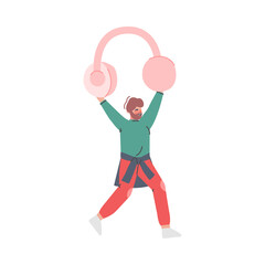 Podcast or Spoken Episodic Serie Listening with Man Character Carrying Headphones Vector Illustration