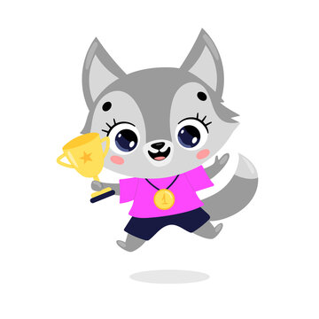 Cute cartoon flat doodle animals sport winners with gold medal and cup. Wolf dog sport winner