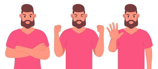 Bearded man in pink t-shirt. Angry male character in different poses shows the emotion of aggression. Vector illustration.