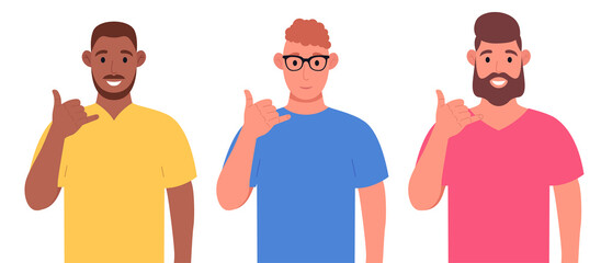 Three different men show the gesture phone or call me gesture with hand fingers shaped like telephone. Character set. Vector illustration.