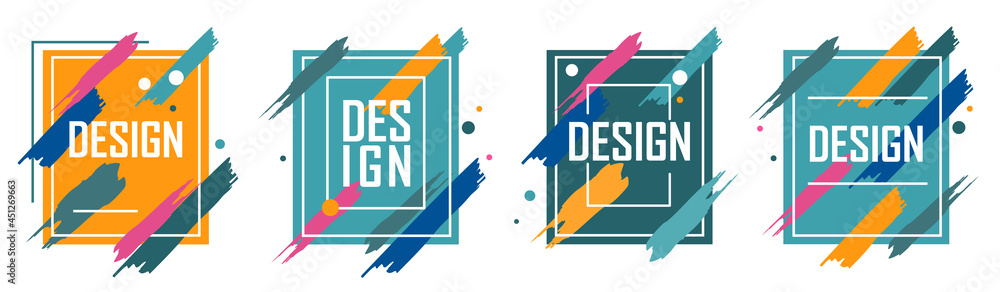 Poster set of colorful abstract minimalistic stylish geometry with brush strokes and colored frame. vector 