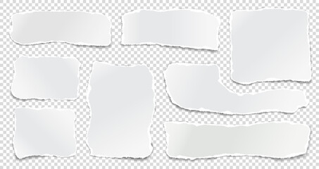 Set of torn white note, notebook paper stripes are on squared background for text, advertising or design. Vector illustration