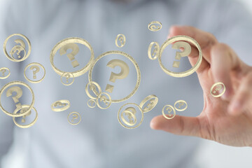 Businessman solving problem with digital question marks 3D rendering