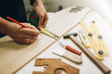 Woodworking carpenter furniture hand cuting.Man factory industry manufacturer, working workshop, maker construction. Skills artisan workshop factory