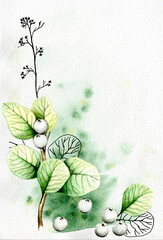 Beautiful autumn tree branches, leaves and berries. Unusual autumn, watercolor and black pen, handmade