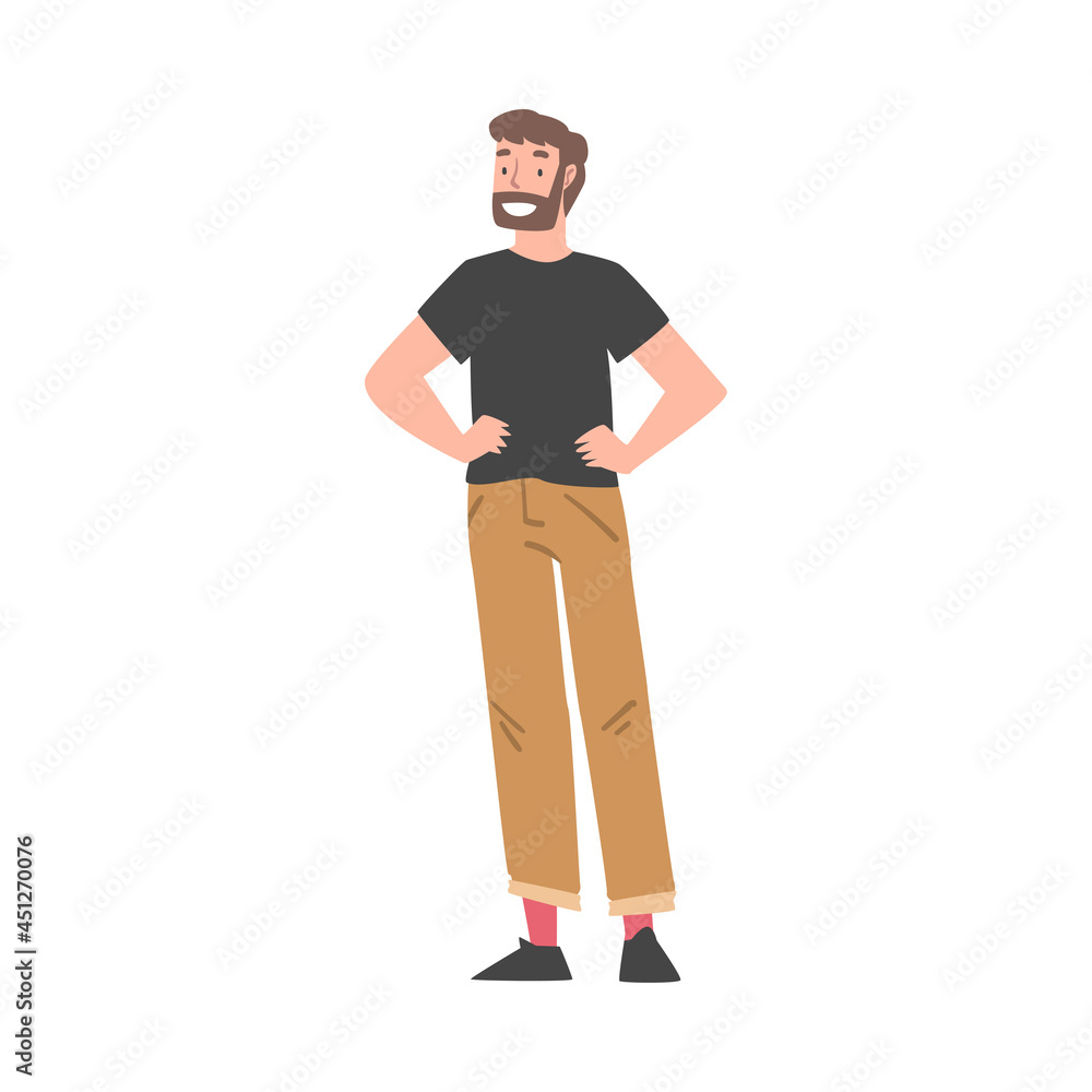 Poster positive bearded man character standing having hands on hips with smiling face feeling euphoric and 