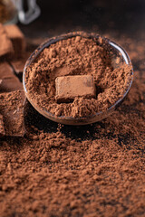 chocolate truffle candies in cocoa powder natural chocolate butter dessert sweets meal snack on the table copy space food background rustic. top view