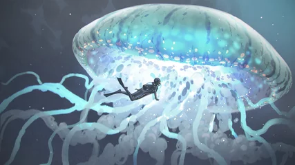 Papier Peint photo Lavable Grand échec la méduse rougeoyante sur la mer profonde