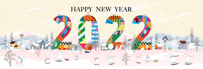 Happy New Year 2022 with winter landscape in city with polar bear celebrating on Christmas eve.Winter wonderland in the town with happy bears sledding and skating in the city park - obrazy, fototapety, plakaty