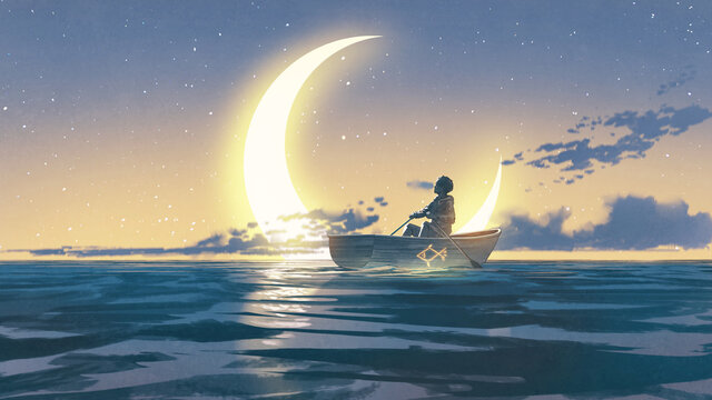 young man rowing a boat in the sea looking at the crescent, digital art style, illustration painting