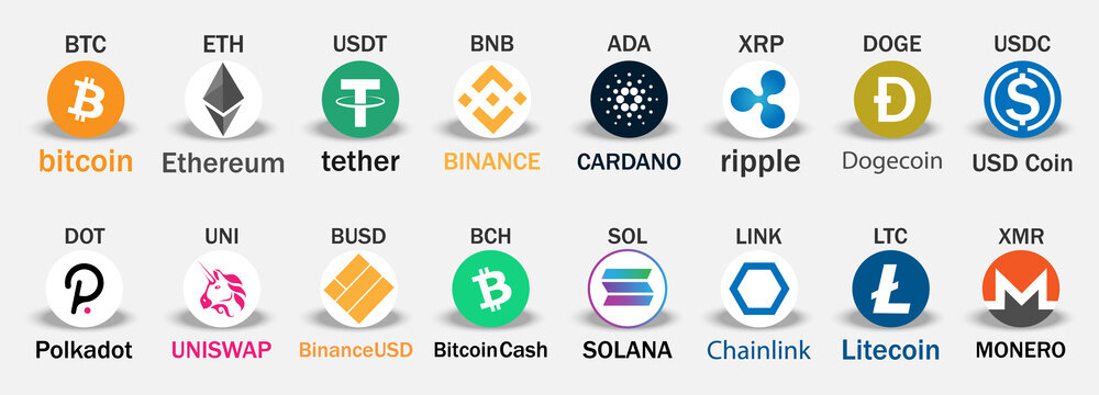 Set of Cryptocurrency vector logo .Collection of cryptocurrency tokens.Bitcoin, Ethereum, Binance, Tether, XRP, Polkadot, Cardano, Uniswap, Binance, Cardano,Chainlink,Dogecoin,USD Coin,Litecoin .