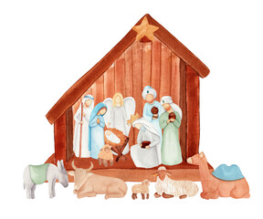Nativity Christmas watercolor illustration. Baby Jesus in manger, Virgin Mary, Joseph, Three Wise king Man, Angel. Design for postcards - 451271061