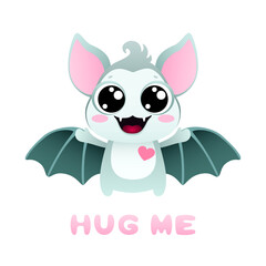 funny cartoon little bat with pink heart. cute animal on white background with lettering text - hug me. vector illustration