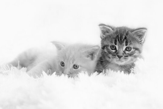 Black and white photo of two kittens, in the studio