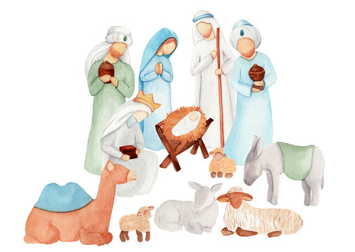 Christmas Nativity scene with Baby Jesus, Virgin Mary, Joseph, Three Wise King Men. Bible scene for religious cards. 