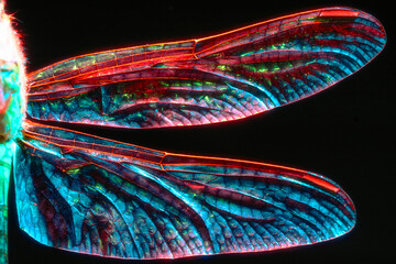 Dragonfly wing on black background in neon light. Close-up.