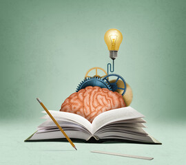 Art collage with a brain, stack of books, gears and a light bulb. Library, education, new idea. Concept