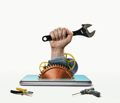 Smartphone, gears and tools on a white background. Art collage. Concept of technical support, warranty service, repair.