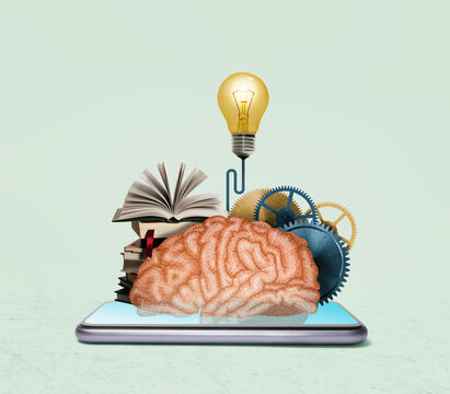 Art collage with a smartphone, brain, stack of books, gears and a light bulb. Online education, new idea. Concept