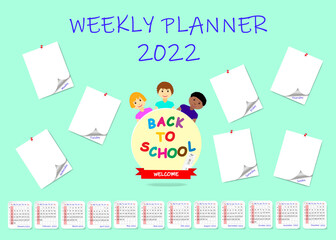 Back to school  weekly planner with blank stickers and round with children of different races.