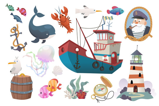 Set of items related to fishing at sea. Retro captain of rusty trawler at ocean village. Isolated vector images representing fishing, sea animals and living near ocean.