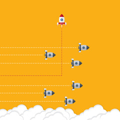 Think differently concept. Red rocket changing direction. New idea, change, trend, courage, creative solution, innovation and unique way concept.