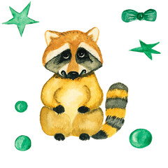 Cute watercolor animals in flowers on trees. Cute cartoon animals. Watercolor concept on an isolated background, for children's parties.Perfect for fabric design .