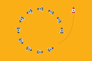 Think differently concept. Red rocket changing direction. New idea, change, trend, courage, creative solution, innovation and unique way concept.