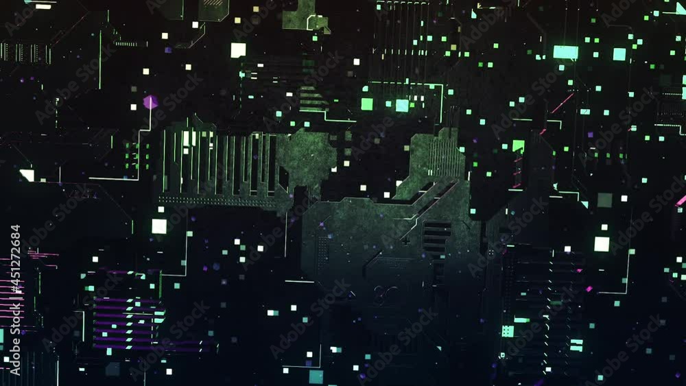 Poster abstract dark circuit board with many details and moving elements, seamless loop. motion. technologi
