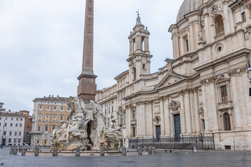 Fototapeta na wymiar Empty Navona Square with the Fountain of the Four Rivers. Rome. Italy. Horizontally. 