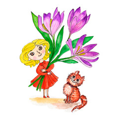 watercolor clipart , cute girls,child, flower, book, butterfly, Cartoon cute school girl give flowers on the background green board in classroom. Teacher’s day. Back to school