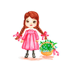 watercolor clipart , cute girls,child, flower, book, butterfly, Cartoon cute school girl give flowers on the background green board in classroom. Teacher’s day. Back to school