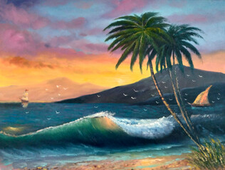 Original oil painting The palms on the beach