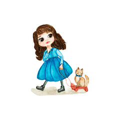 watercolor clipart , cute girls,child, flower, book, butterfly, Cartoon cute school girl give flowers on the background green board in classroom. Teacher’s day. Back to school