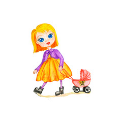 watercolor clipart , cute girls,child, flower, book, butterfly, Cartoon cute school girl give flowers on the background green board in classroom. Teacher’s day. Back to school