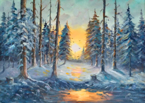 Original oil painting The sunset on the forest