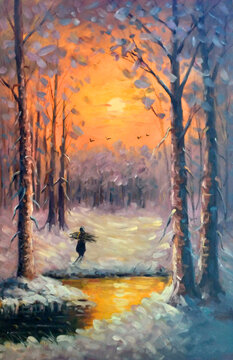 Original oil painting The sunset in the winter forest
