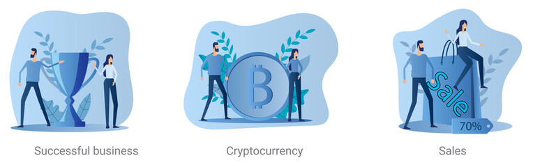 A set of vector illustrations on a business topic.Successful business, Cryptocurrency, Sales.Abstract vector illustrations.