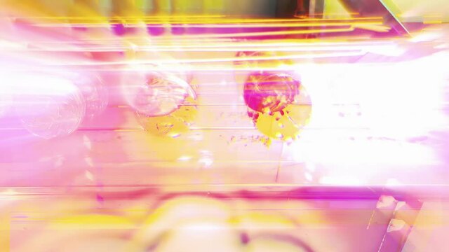 Acid trip effect: looking at the colorful lights from a merry-go-round carousel (closeup shot).
