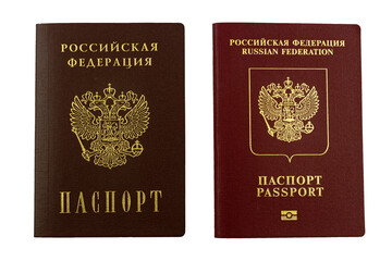 Passports of the Russian Federation. Russian passport is internal. International passport of Russia. View from above. Isolated on white. 