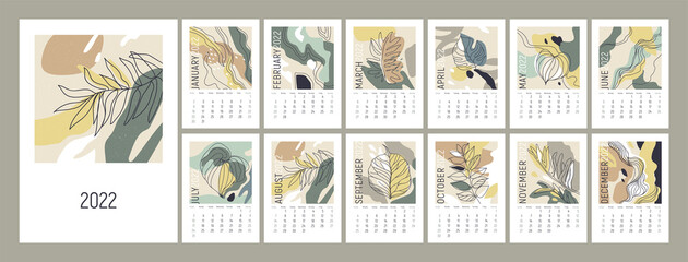 2022 wall calendar design. Week starts on Sunday. Nature colors. Theme of  ecology. Monthly calender 2022. Abstract artistic vector illustration with plants, leaves. Editable calendar page template.
