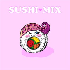 Cute winking roll with octopus on a pink background. Kawaii sushi with pink cheeks ..